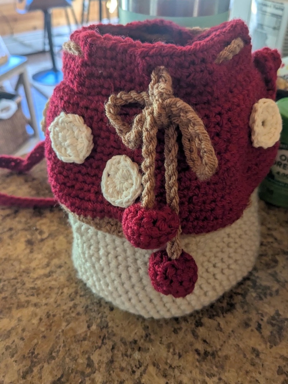 Handmade Red and Cream Crochet Drawstring mushroom purse
